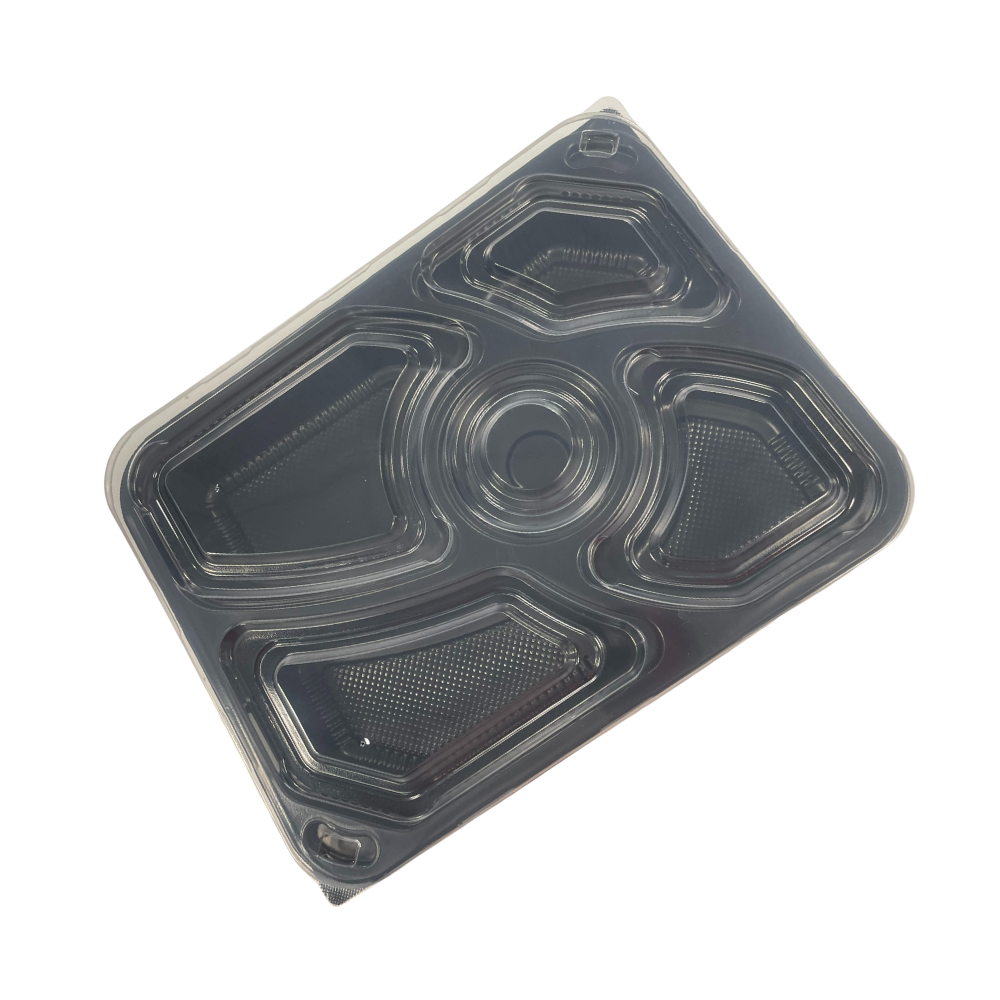 Rectangular 5-Compartment Container with Lid – 265 x 200 x 38 mm (Pack of 200)